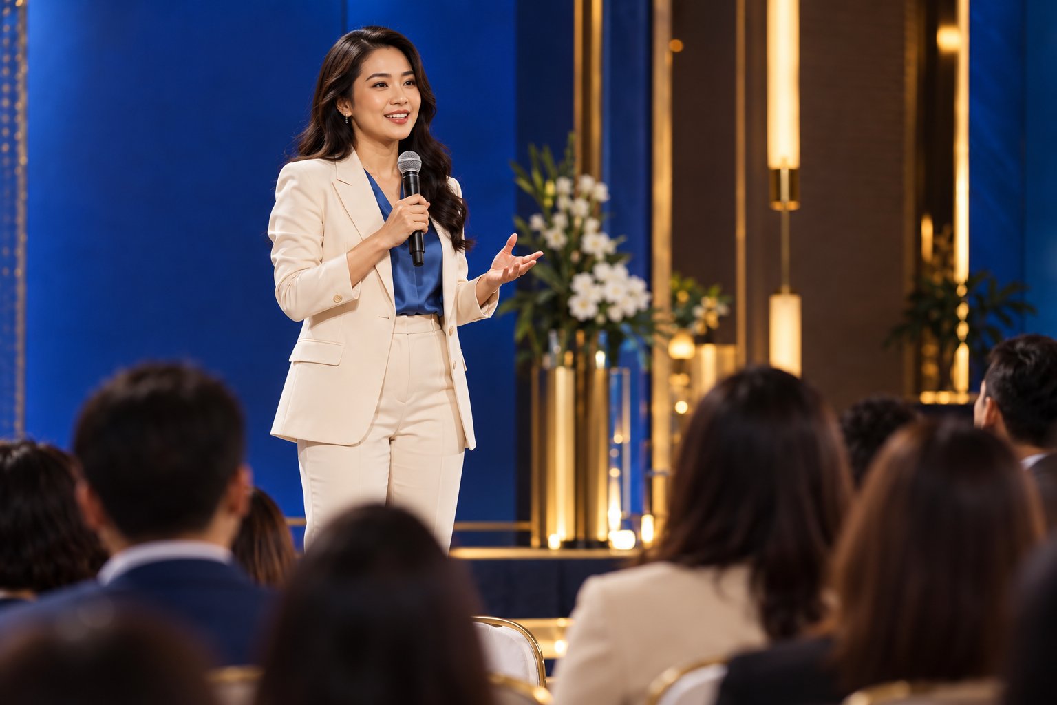 Ảnh AI minh họa nữ diễn giả chia sẻ trên sân khấu